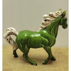 Vintage Green Ceramic Horse Figurine With White Mane Japan
